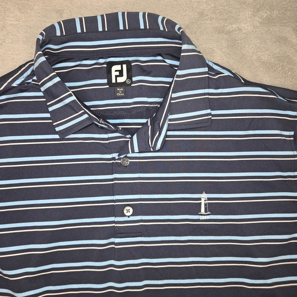 FootJoy Mens XL Striped Golf Polo Navy Blue Light Blue Lighthouse Logo